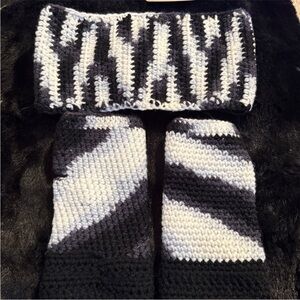 3 Piece Set Black and White Knit Scarf and Mittens Set